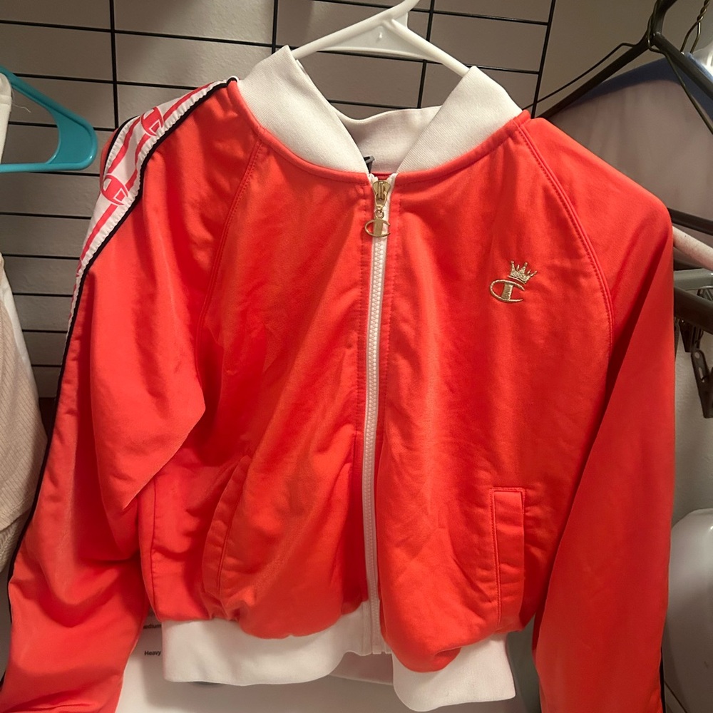 champion orange and white zip up jacket